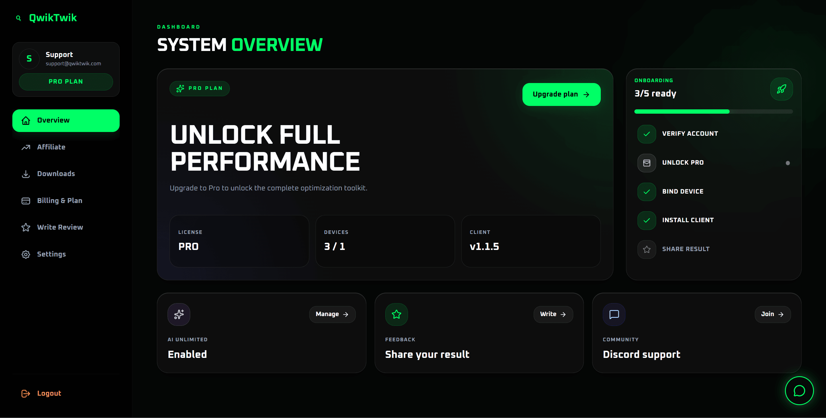 Особистий кабінет QwikTwik із Pro-планом і системним оглядом