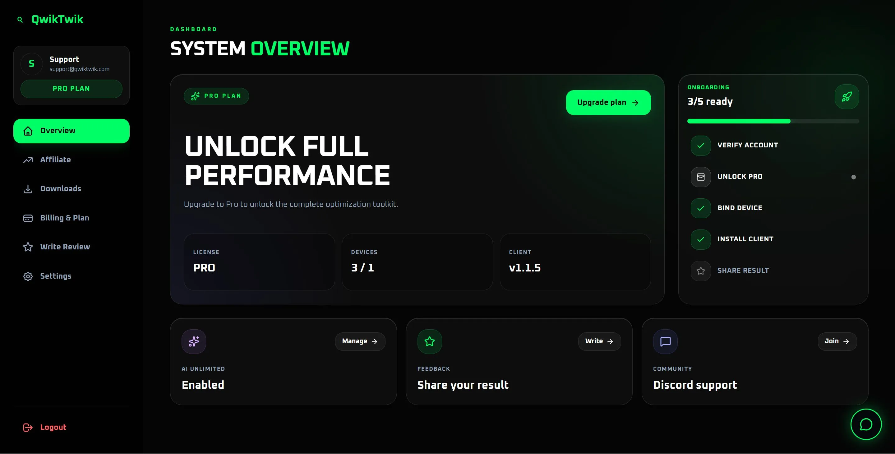 QwikTwik customer dashboard with Pro plan and system overview