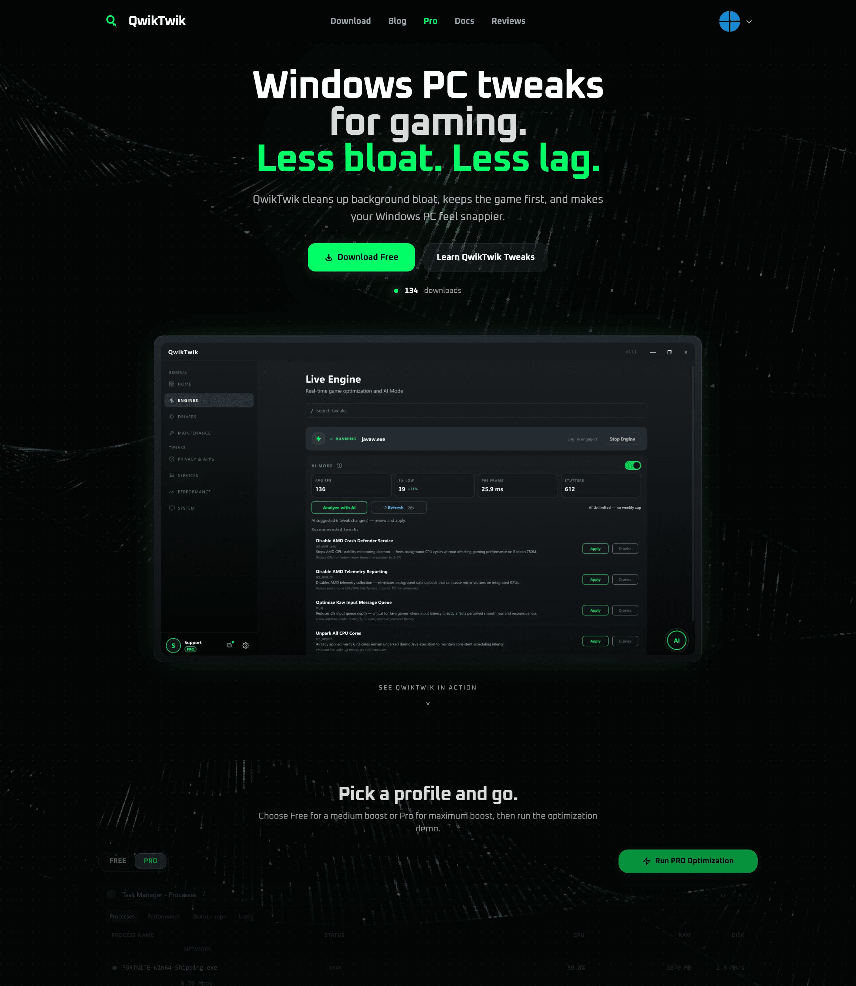 Головна сторінка QwikTwik для gaming-оптимізації Windows PC