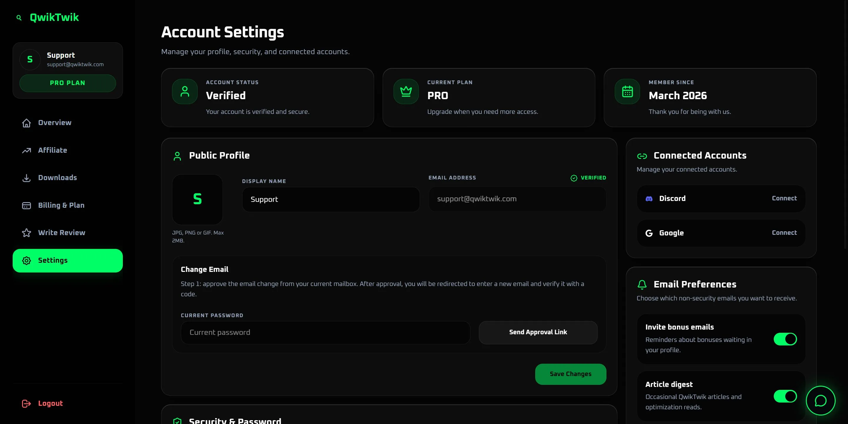 QwikTwik account settings and connected accounts interface