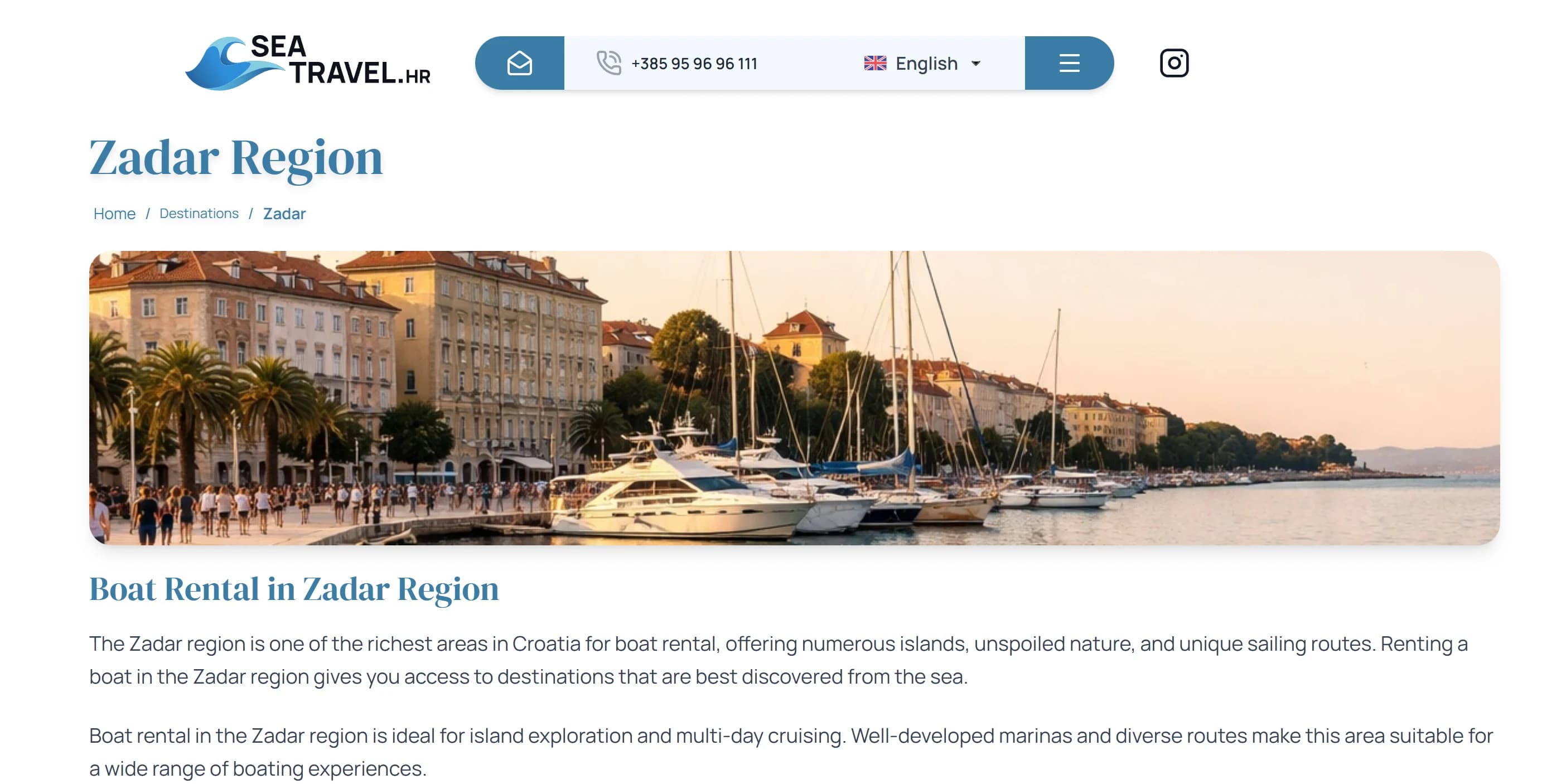 SEO-сторінка Sea Travel про оренду човнів у регіоні Задар