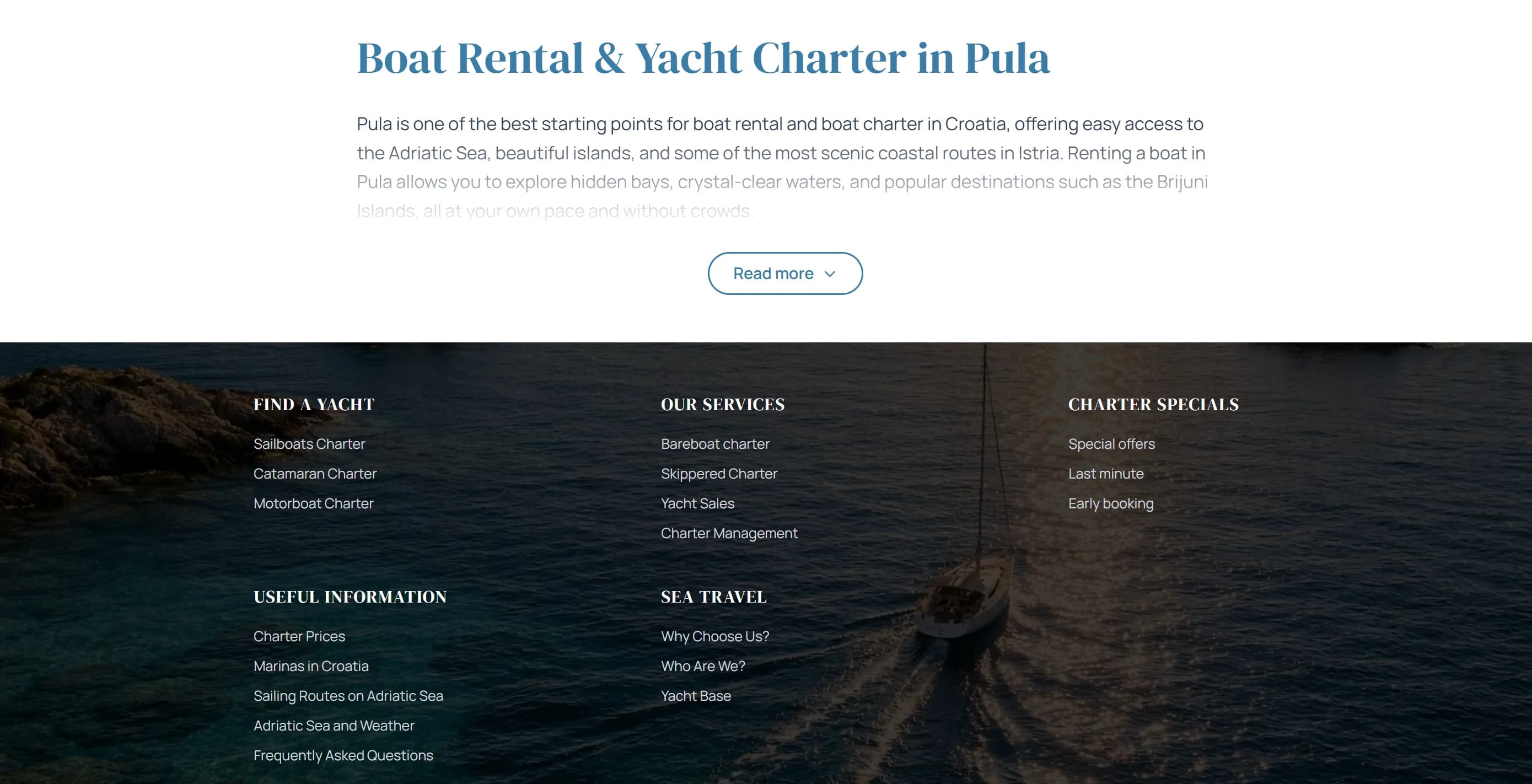 Footer сайту Sea Travel з послугами яхтового чартеру та корисними посиланнями